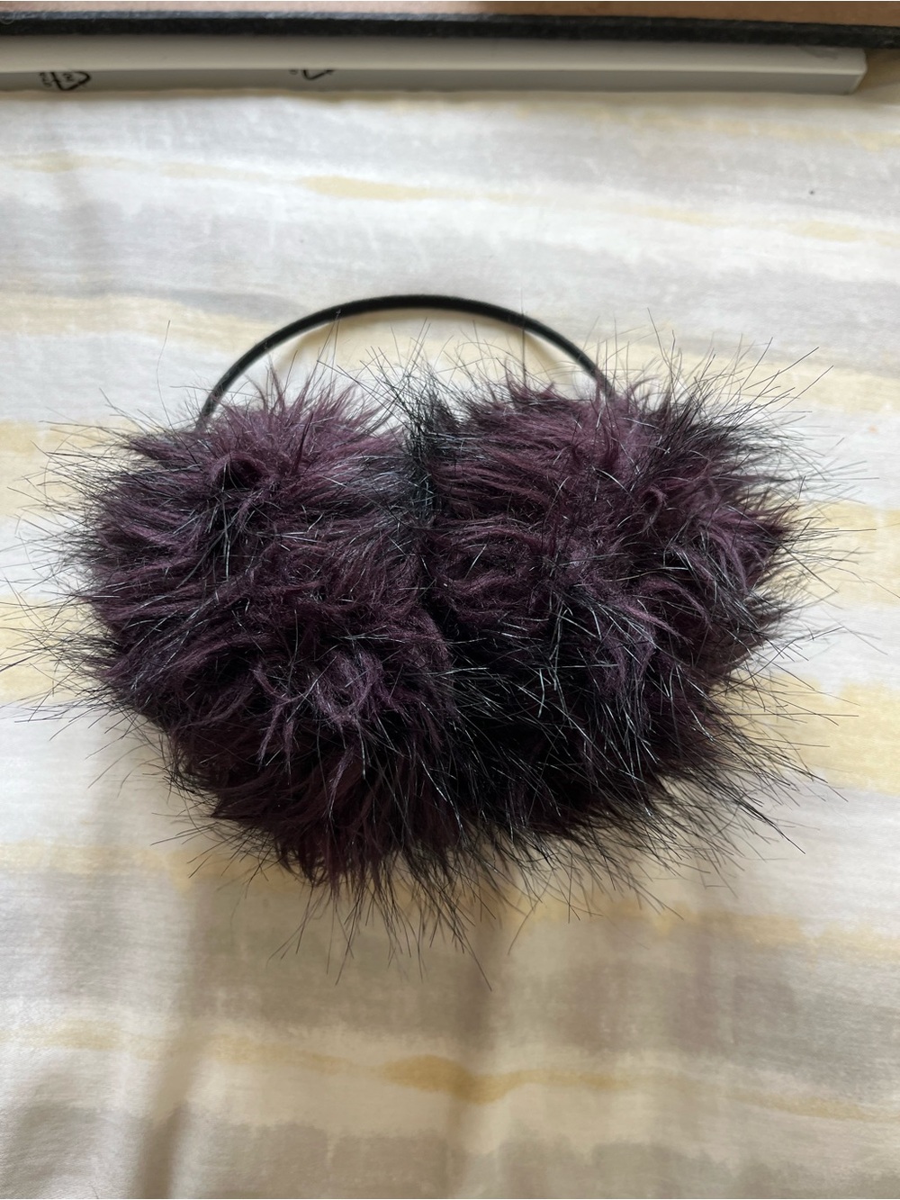 Faux Fur Fuzzy Pom Pom Earmuffs - Dark Plum & Black